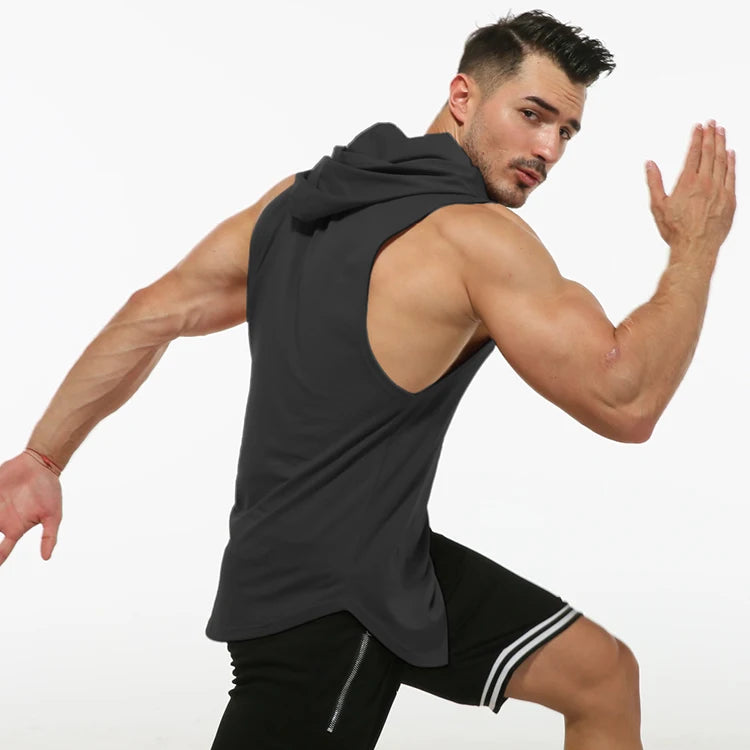 Wholesale Custom Plain Men Sports Hoodie Cut off Loose t Shirt  Workout Muscle Sleeveless Gym Vest Singlets tank Top