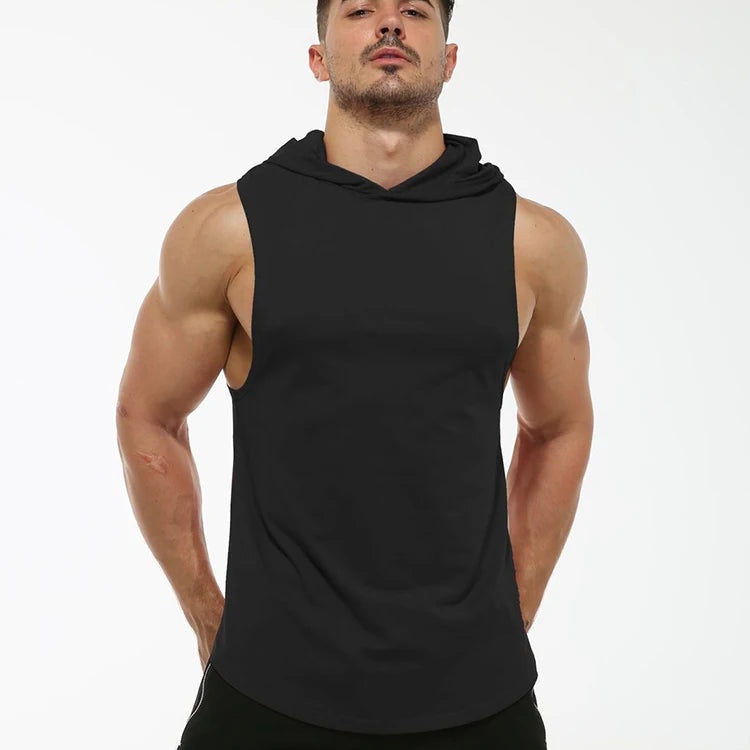 Wholesale Custom Plain Men Sports Hoodie Cut off Loose t Shirt  Workout Muscle Sleeveless Gym Vest Singlets tank Top