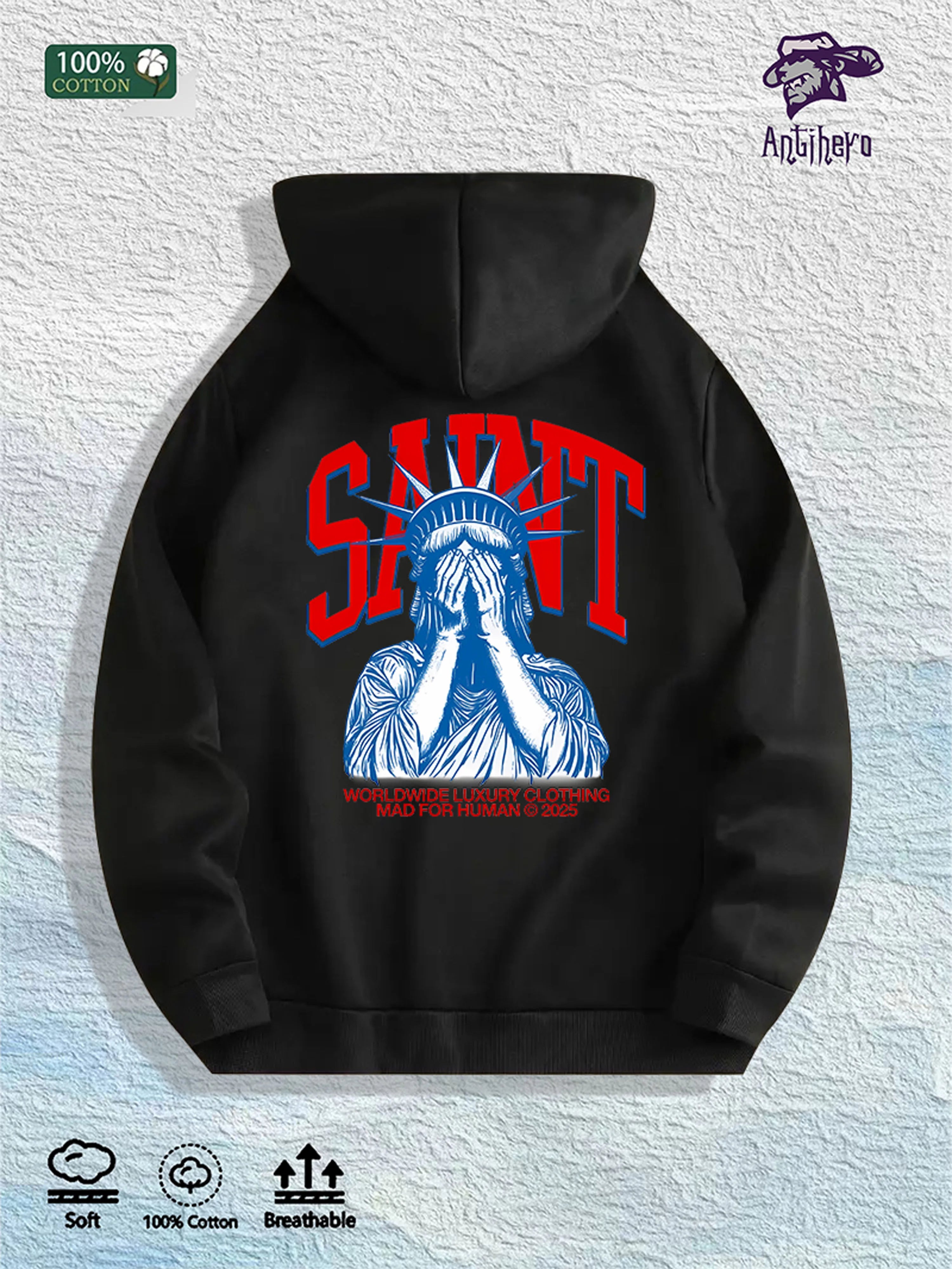 SAINT Statue Graphic Hoodie 100% Cotton US Warehouse 7 Colors