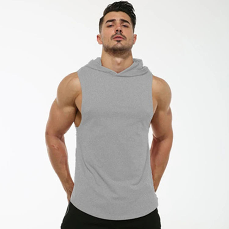 Wholesale Custom Plain Men Sports Hoodie Cut off Loose t Shirt  Workout Muscle Sleeveless Gym Vest Singlets tank Top