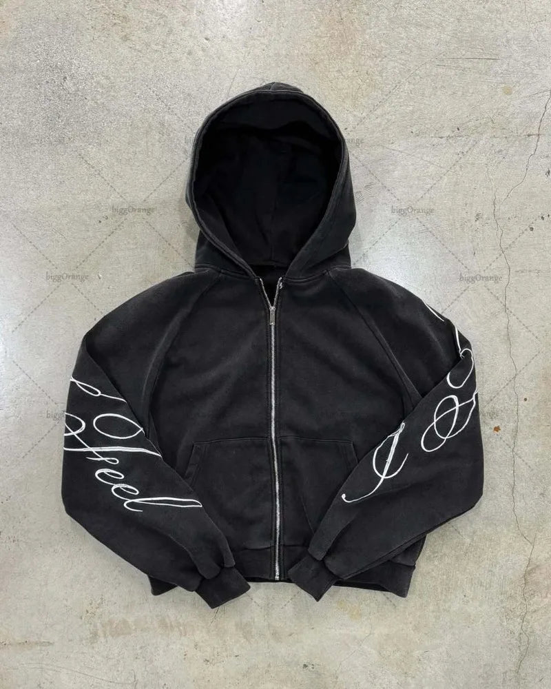 Y2K harajuku Gothic Letter Print Retro Fashion Men And Women Hoodie Hip-Hop Punk Style Black Oversized Zipper Sweatshirts