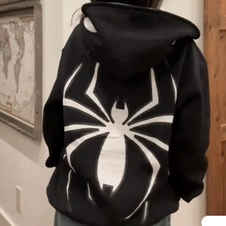 Harajuku Fashion Y2K Oversized Coat Personality Spider Print Women's Hoodie Autumn And Winter Punk Full Zip Up Hoodie Tops